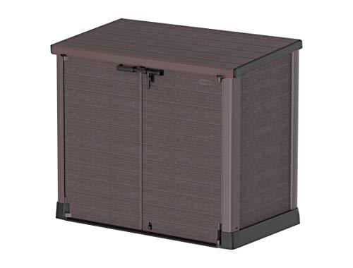 Duramax Cedargrain StoreAway 1200L Plastic Garden Shed with Flat Lid – Outdoor Storage Box for Wheelie Bins – Durable and Weatherproof – Perfect for Tools, Bikes, and BBQs – Accommodates 2x 240L Bins – Dimensions: 145x85x125 cm – Brown