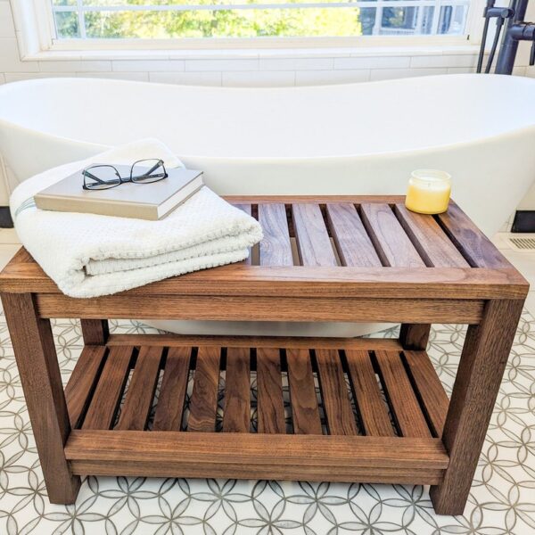 DIY Wooden Shower Bench with Shelf Plans